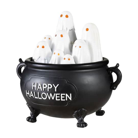 Glitzhome® 9" Halloween Lighted Polyresin Ghosts in Cauldron Table Decor with Timer